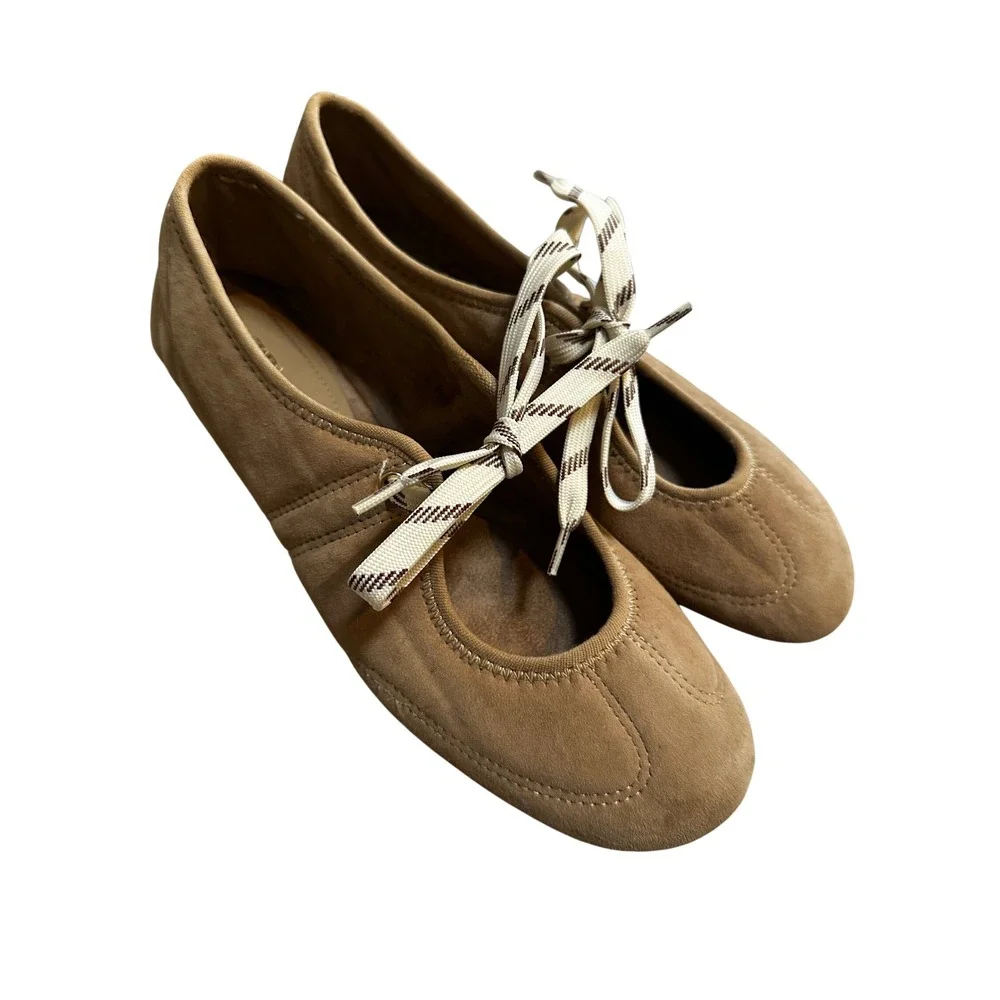 Zara Ballet Flats Tan Suede Lace Up Ribbon Shoes Size 40 Round Toe Casual